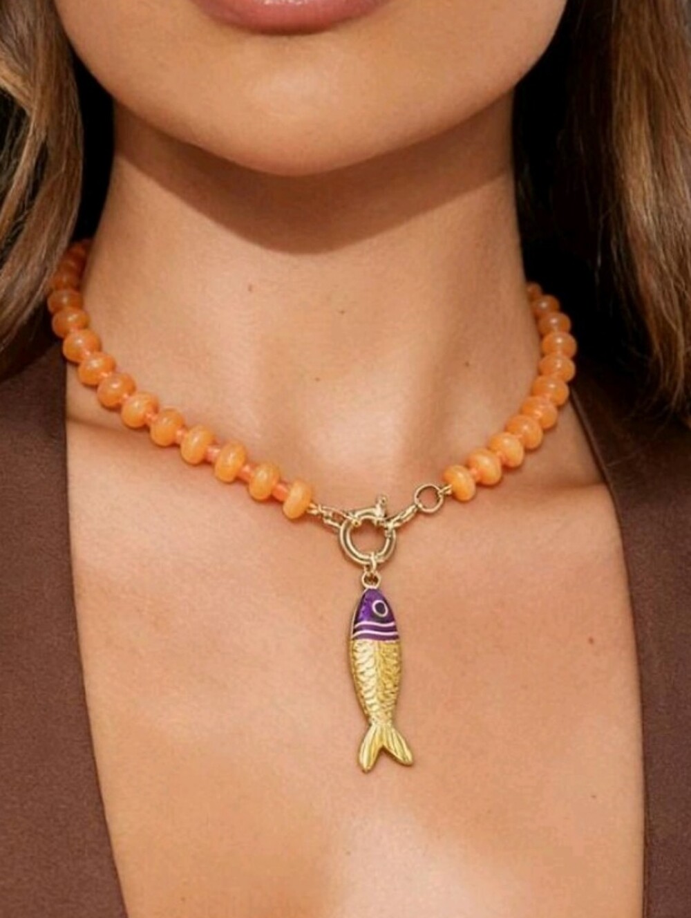 NEW! Trendy Coastal Beaded Orange Necklace with Gold Enamel Fish Pendant